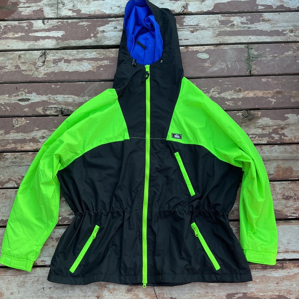 Woolrich Windbreaker Jacket Mens 2XL Black Neon Green Colorblock Vintage Anorak